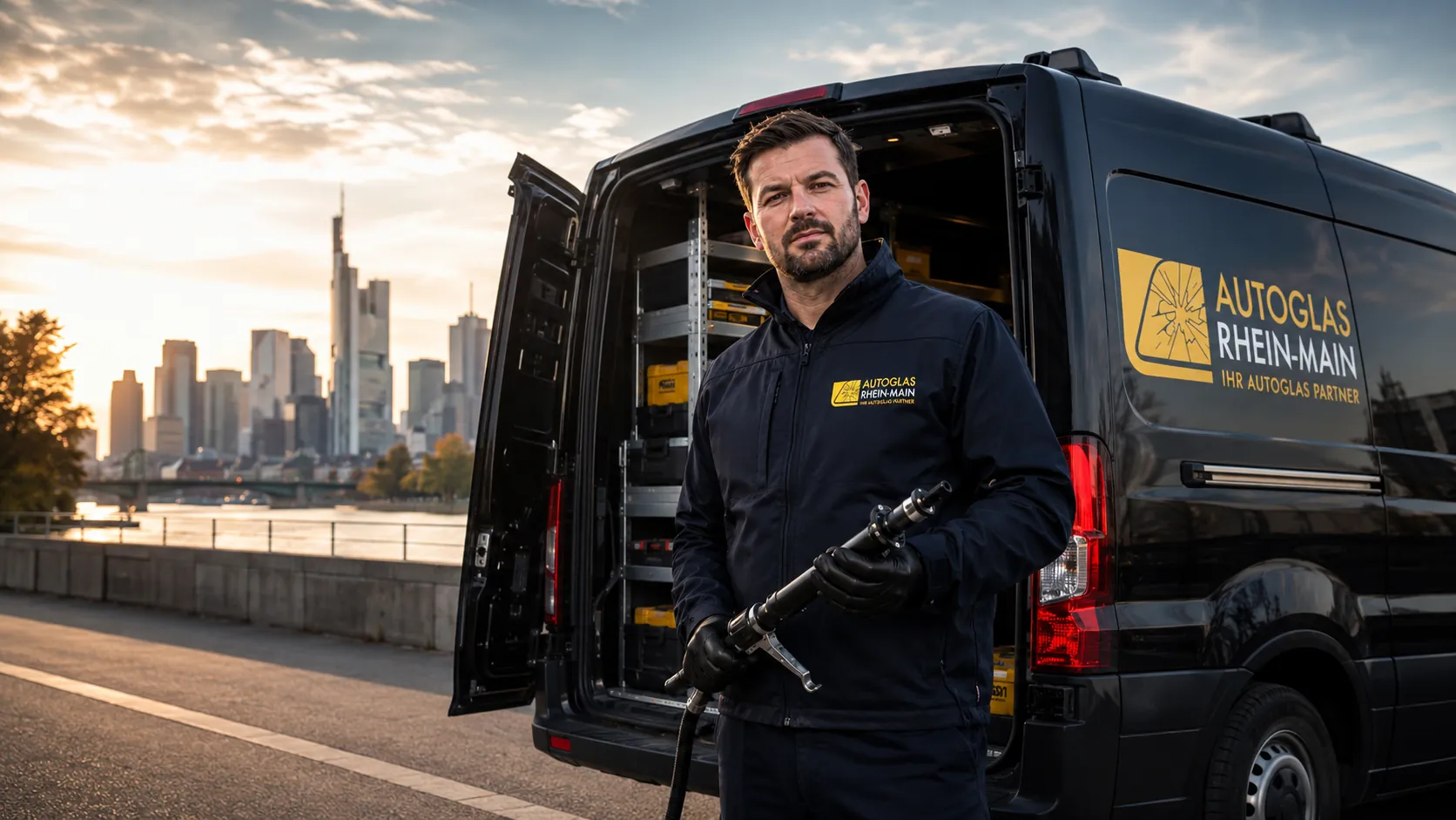 Techniker von Autoglas Rhein-Main vor Servicefahrzeug bei Sonnenuntergang in Frankfurt
